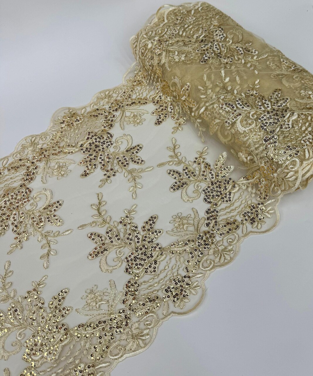 Gold Floral Embroidered Lace Table Runner by the Yard, 14" Wide Sequin Mesh Lace Trim with Scalloped Edges